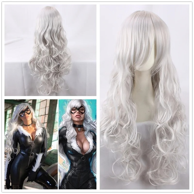 할로윈 뉴 블랙 캣 코스프레 가발 여성용 실버 화이트  - Anime Cosplay Long Black Hair 리뷰 및 가격